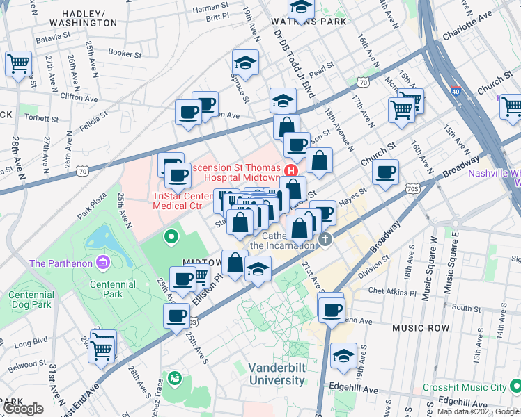 map of restaurants, bars, coffee shops, grocery stores, and more near 2107 State Street in Nashville