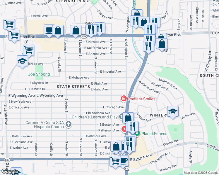 map of restaurants, bars, coffee shops, grocery stores, and more near 4890 East Idaho Avenue in Las Vegas