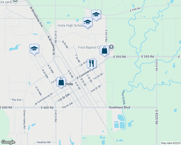 map of restaurants, bars, coffee shops, grocery stores, and more near 200 East Commercial Street in Inola