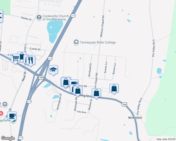 map of restaurants, bars, coffee shops, grocery stores, and more near 569 Rockwell Drive in Cookeville