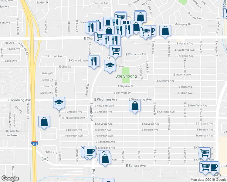 map of restaurants, bars, coffee shops, grocery stores, and more near 4338 East Sun Vista Drive in Las Vegas