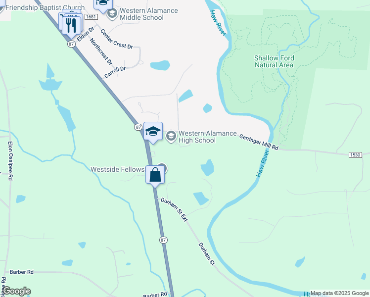 map of restaurants, bars, coffee shops, grocery stores, and more near 1731 East Webb Avenue in Burlington