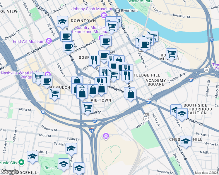 map of restaurants, bars, coffee shops, grocery stores, and more near 535 Lafayette Street in Nashville