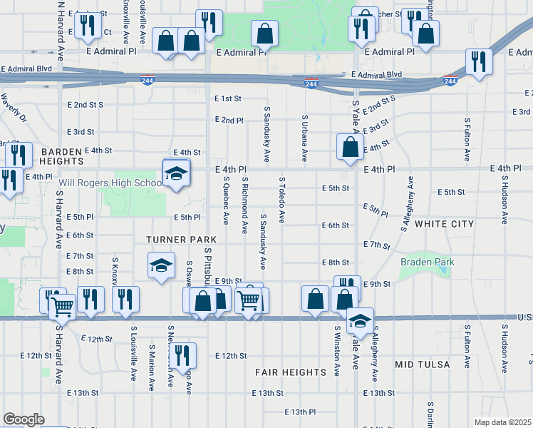 map of restaurants, bars, coffee shops, grocery stores, and more near 500 South Sandusky Avenue in Tulsa