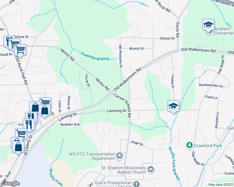 map of restaurants, bars, coffee shops, grocery stores, and more near 4535 Carver School Road in Winston-Salem