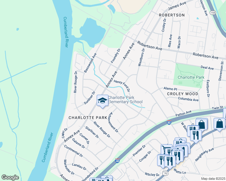 map of restaurants, bars, coffee shops, grocery stores, and more near 602 American Road in Nashville