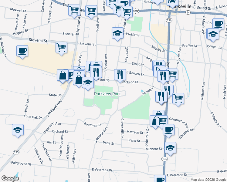 map of restaurants, bars, coffee shops, grocery stores, and more near 203 Saint James West in Cookeville