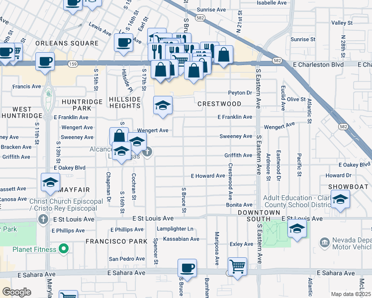 map of restaurants, bars, coffee shops, grocery stores, and more near 1800 Bracken Avenue in Las Vegas