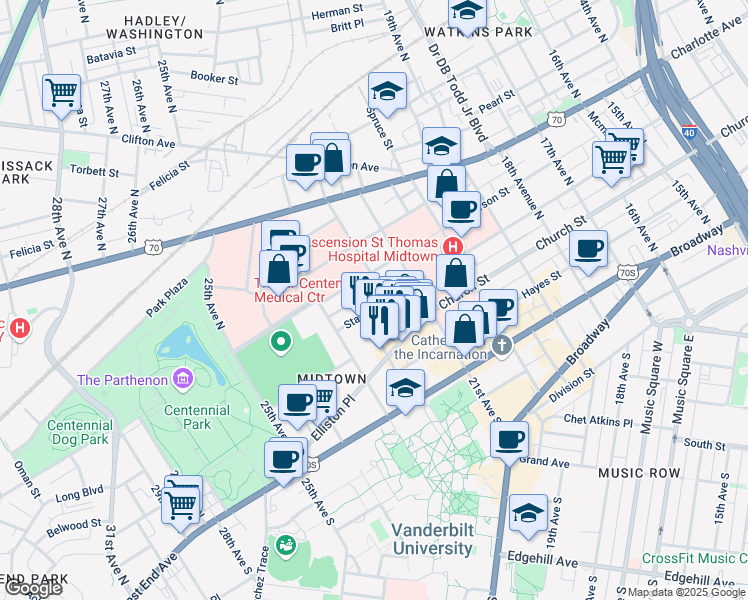 map of restaurants, bars, coffee shops, grocery stores, and more near 301 22nd Avenue North in Nashville