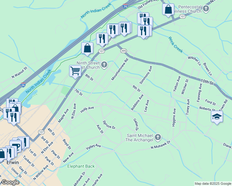 map of restaurants, bars, coffee shops, grocery stores, and more near 202 Old Farm Rd in Erwin