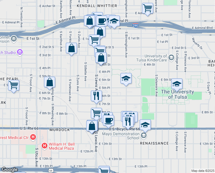 map of restaurants, bars, coffee shops, grocery stores, and more near 2451 East 5th Place in Tulsa
