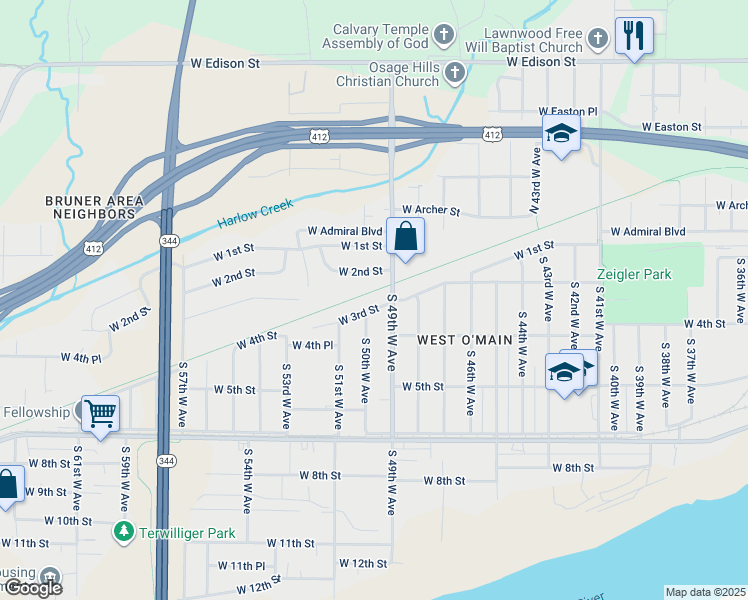 map of restaurants, bars, coffee shops, grocery stores, and more near 4915 W 3rd St in Tulsa