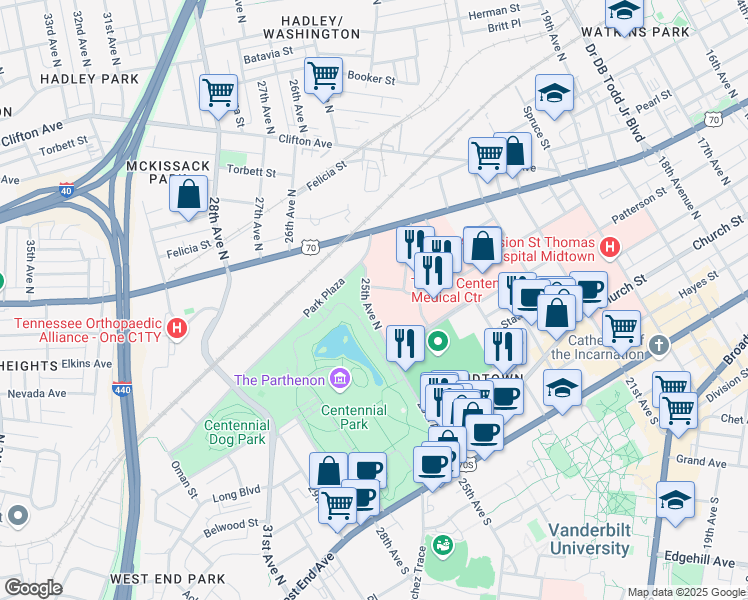 map of restaurants, bars, coffee shops, grocery stores, and more near 250 25th Avenue North in Nashville