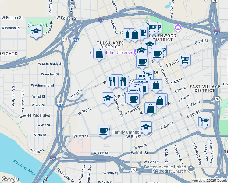 map of restaurants, bars, coffee shops, grocery stores, and more near 214 South Cheyenne Avenue in Tulsa