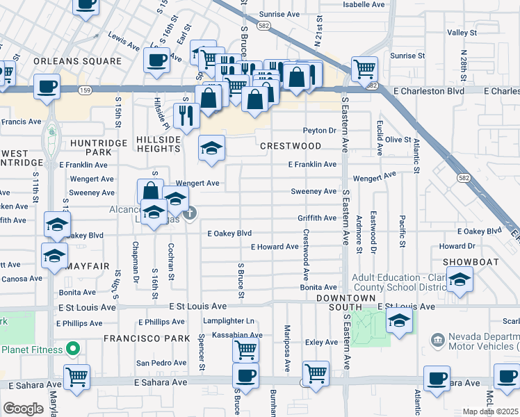 map of restaurants, bars, coffee shops, grocery stores, and more near 1822 Bracken Avenue in Las Vegas