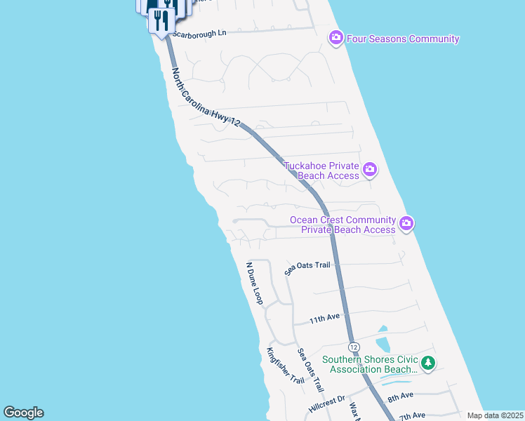 map of restaurants, bars, coffee shops, grocery stores, and more near 127 Brandon Ct in Duck