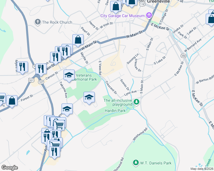 map of restaurants, bars, coffee shops, grocery stores, and more near 512 Crescent Drive in Greeneville
