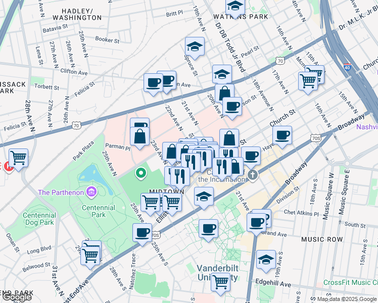map of restaurants, bars, coffee shops, grocery stores, and more near 2202 State Street in Nashville