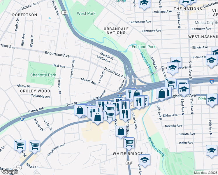 map of restaurants, bars, coffee shops, grocery stores, and more near 512 Snyder Avenue in Nashville