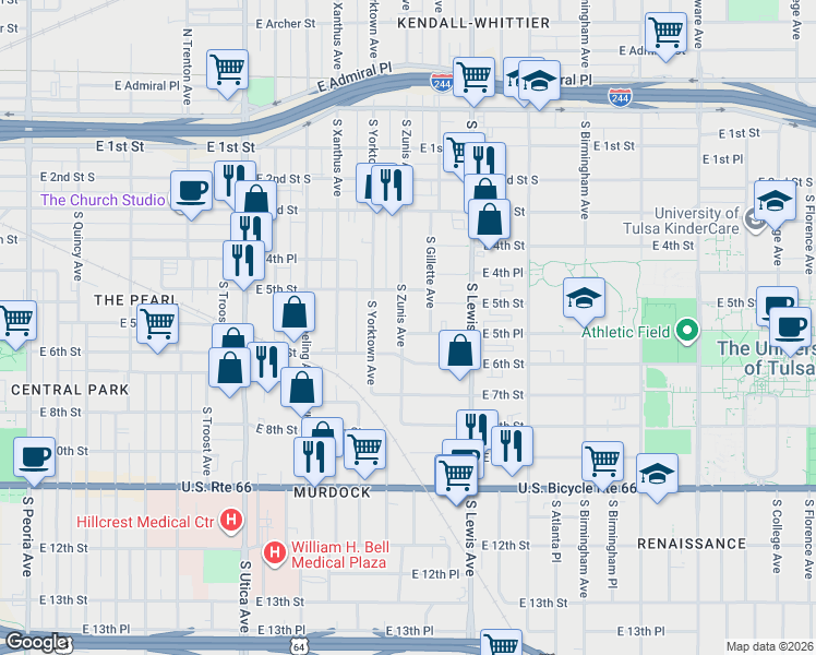 map of restaurants, bars, coffee shops, grocery stores, and more near 532 South Zunis Avenue in Tulsa
