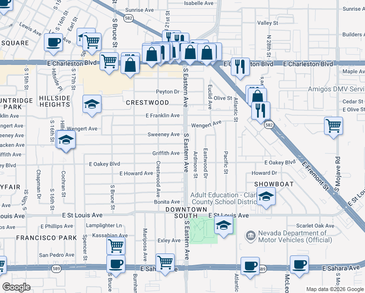 map of restaurants, bars, coffee shops, grocery stores, and more near 1414 South Eastern Avenue in Las Vegas
