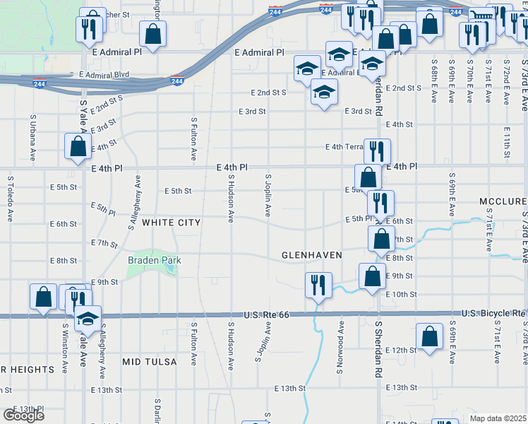 map of restaurants, bars, coffee shops, grocery stores, and more near 528 South Joplin Avenue in Tulsa