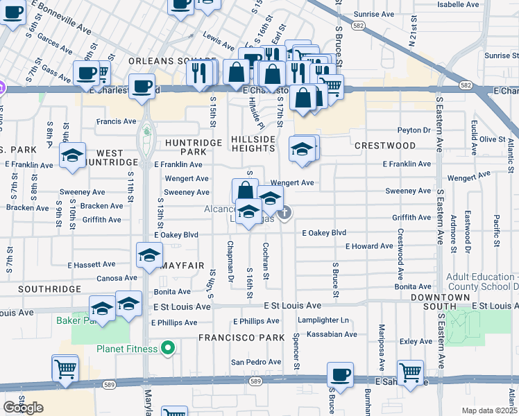 map of restaurants, bars, coffee shops, grocery stores, and more near 1620 Bracken Avenue in Las Vegas