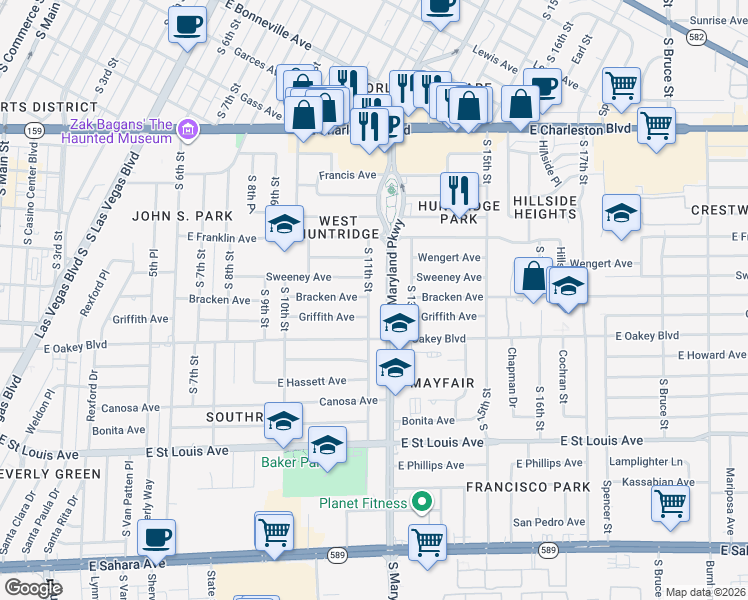 map of restaurants, bars, coffee shops, grocery stores, and more near 1501 South 11th Street in Las Vegas