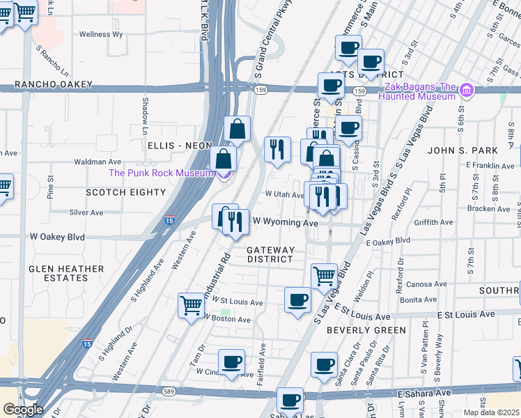 map of restaurants, bars, coffee shops, grocery stores, and more near 1519 Industrial Road in Las Vegas