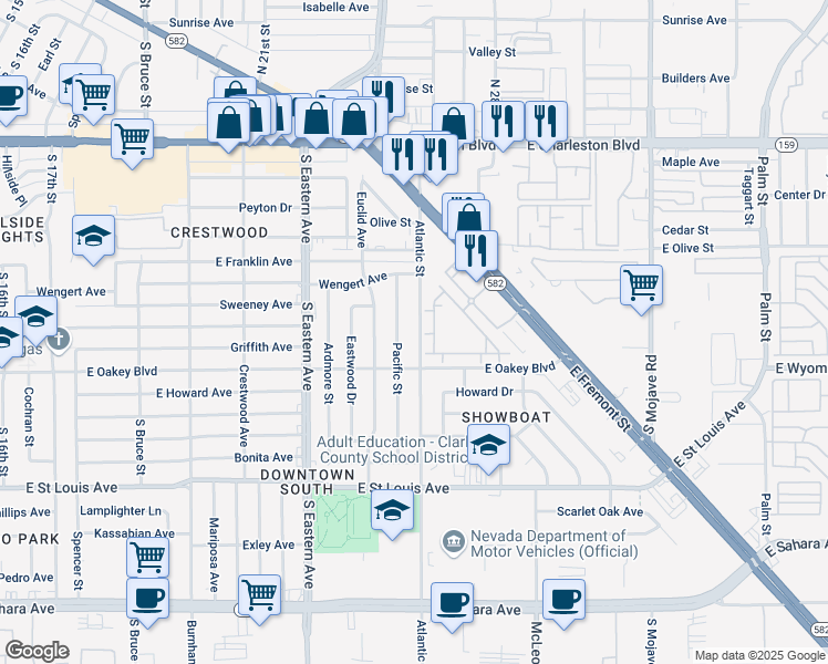 map of restaurants, bars, coffee shops, grocery stores, and more near 1410 Atlantic Street in Las Vegas