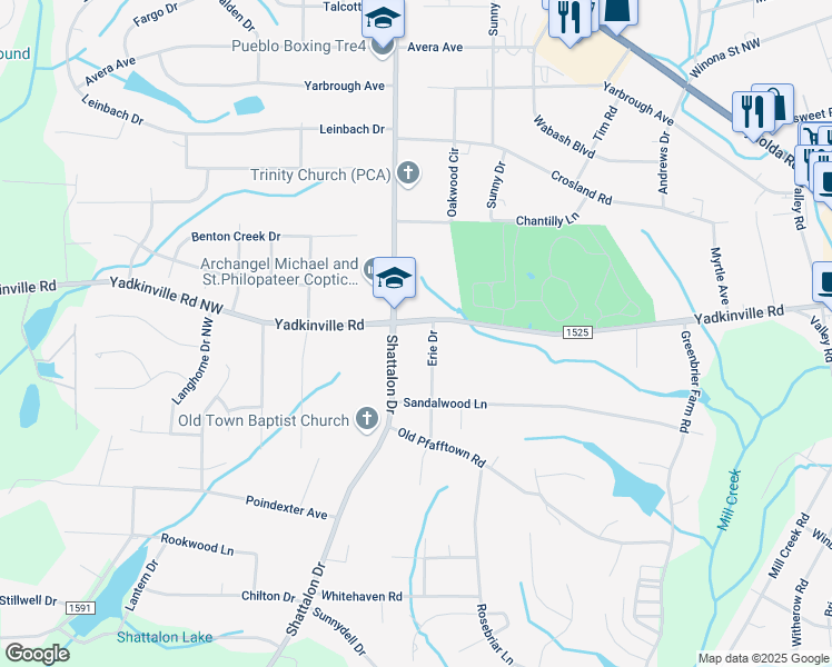 map of restaurants, bars, coffee shops, grocery stores, and more near 4431 Shattalon Drive in Winston-Salem