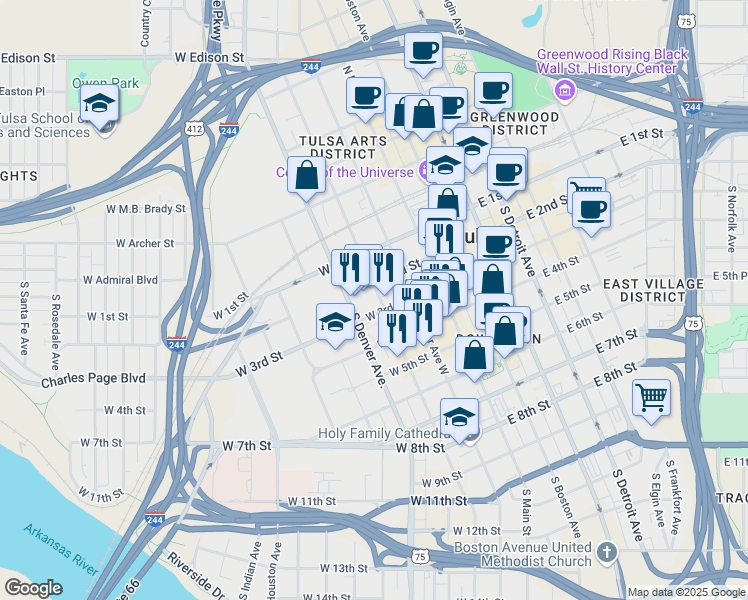map of restaurants, bars, coffee shops, grocery stores, and more near 214 South Cheyenne Avenue in Tulsa