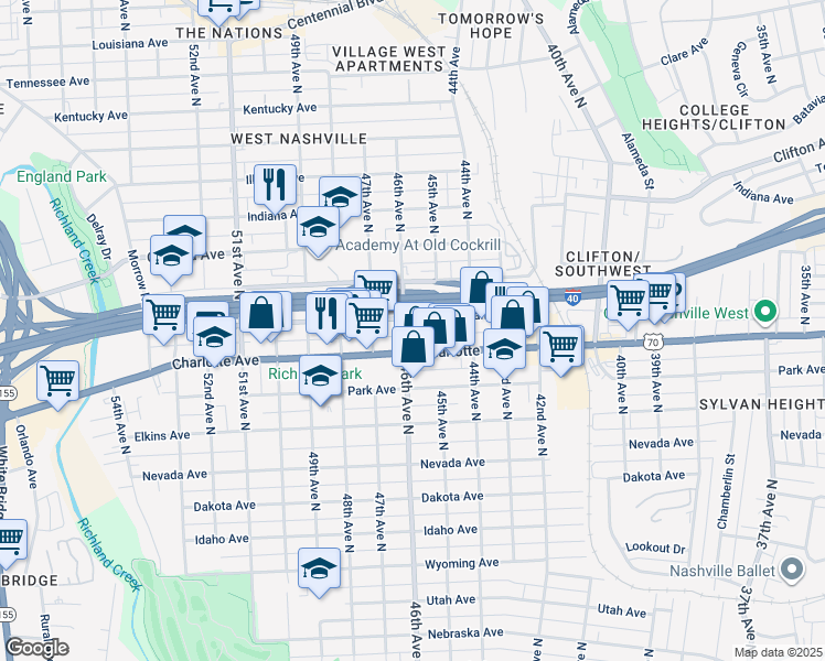 map of restaurants, bars, coffee shops, grocery stores, and more near 4510 Charlotte Avenue in Nashville