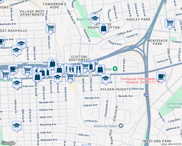 map of restaurants, bars, coffee shops, grocery stores, and more near 3820 Charlotte Avenue in Nashville