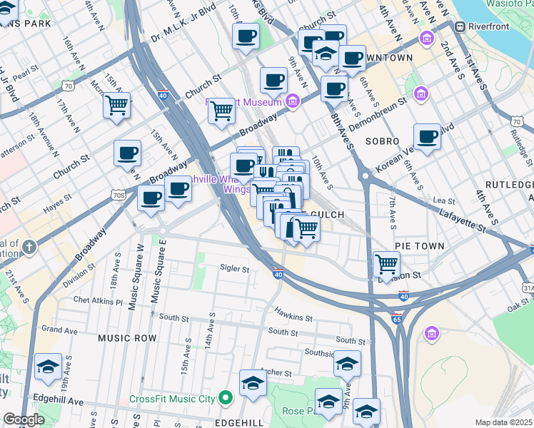 map of restaurants, bars, coffee shops, grocery stores, and more near 311 12th Avenue South in Nashville