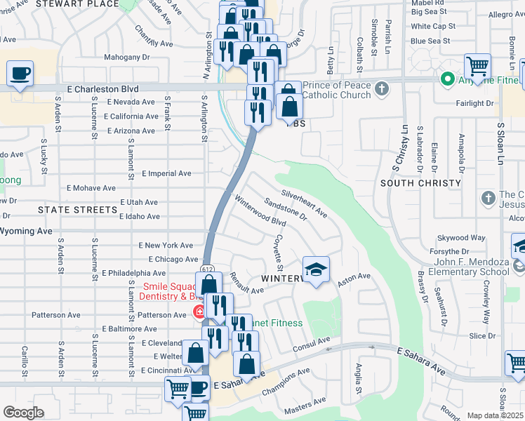 map of restaurants, bars, coffee shops, grocery stores, and more near 1804 Winterwood Boulevard in Las Vegas