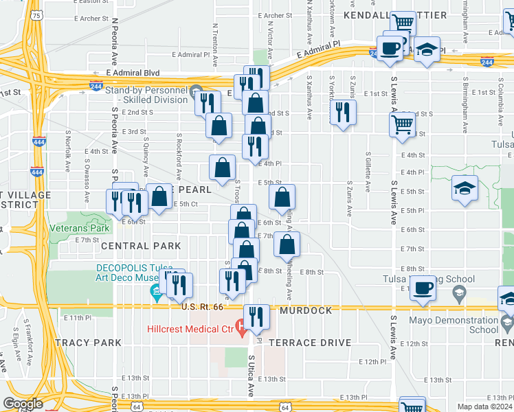 map of restaurants, bars, coffee shops, grocery stores, and more near 533 South Utica Avenue in Tulsa