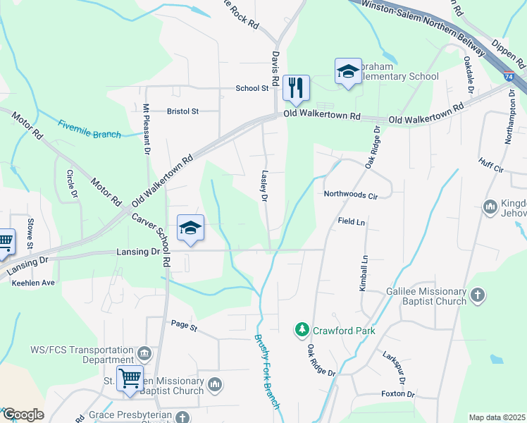 map of restaurants, bars, coffee shops, grocery stores, and more near 4528 Lasley Drive in Winston-Salem