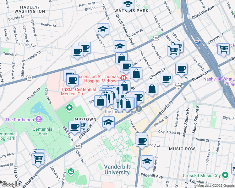map of restaurants, bars, coffee shops, grocery stores, and more near 2036 Church Street in Nashville