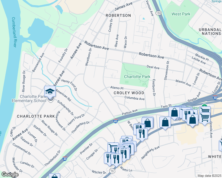 map of restaurants, bars, coffee shops, grocery stores, and more near 6375 Alamo Place in Nashville