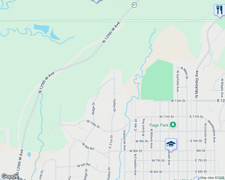 map of restaurants, bars, coffee shops, grocery stores, and more near 1036 Valley Drive in Sand Springs