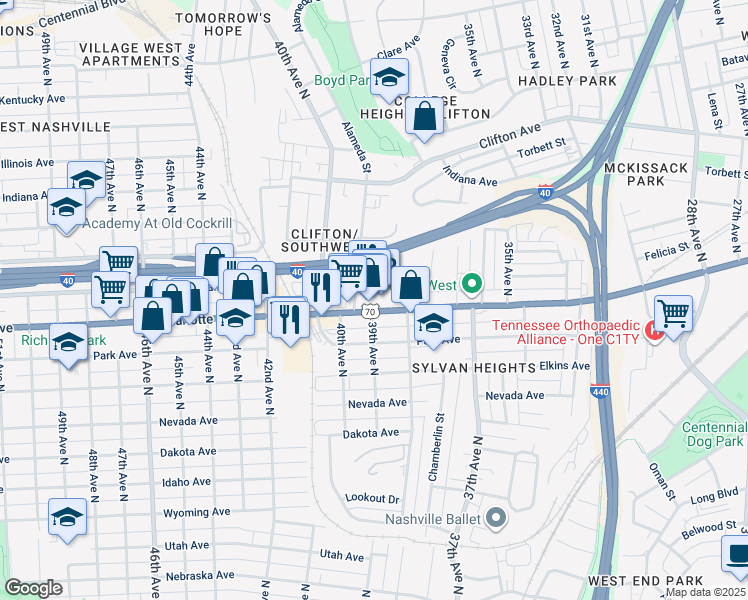 map of restaurants, bars, coffee shops, grocery stores, and more near 3820 Charlotte Avenue in Nashville