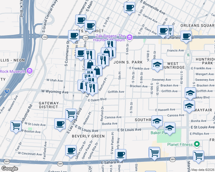 map of restaurants, bars, coffee shops, grocery stores, and more near 1504 Houssels Avenue in Las Vegas