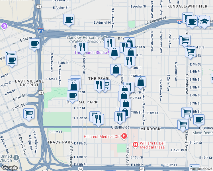 map of restaurants, bars, coffee shops, grocery stores, and more near 1532 East 5th Court in Tulsa