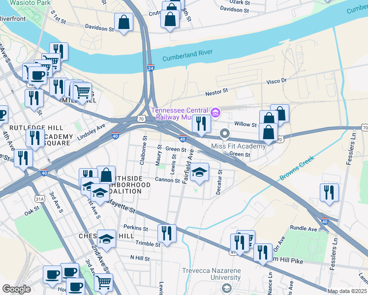 map of restaurants, bars, coffee shops, grocery stores, and more near 82 Green Street in Nashville