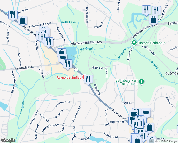 map of restaurants, bars, coffee shops, grocery stores, and more near 3240 Midkiff Road in Winston-Salem