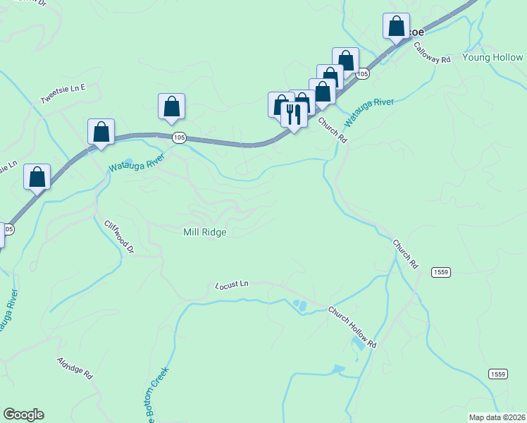map of restaurants, bars, coffee shops, grocery stores, and more near 250 Old Chestnut Road in Banner Elk