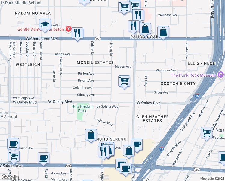 map of restaurants, bars, coffee shops, grocery stores, and more near 1503 Strong Drive in Las Vegas