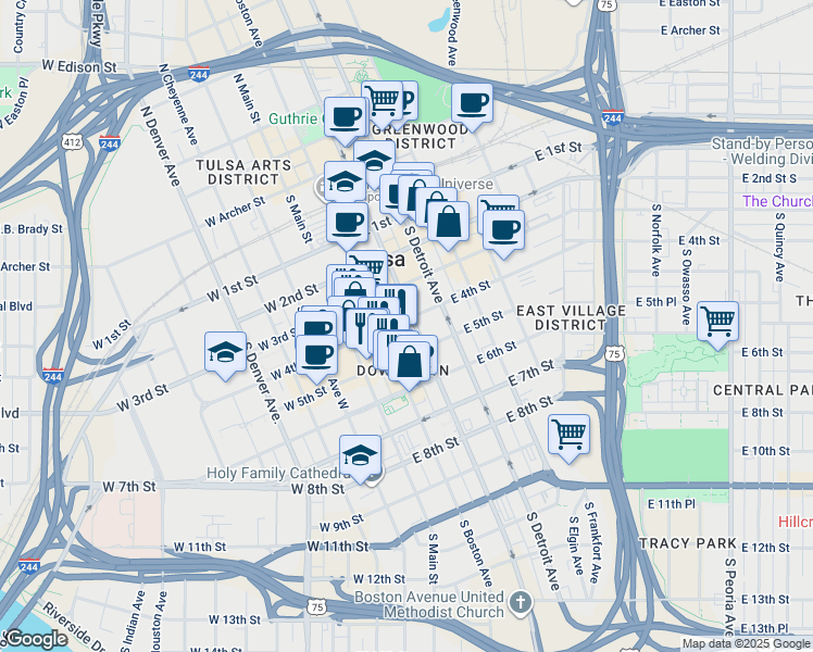 map of restaurants, bars, coffee shops, grocery stores, and more near 124 East 4th Street in Tulsa