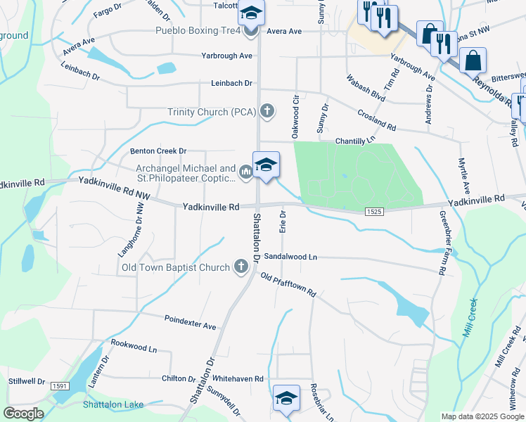 map of restaurants, bars, coffee shops, grocery stores, and more near 4431 Shattalon Drive in Winston-Salem